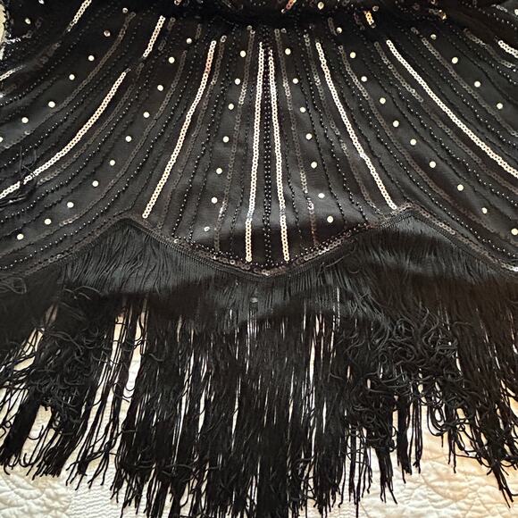 Pretty Guide 2XL Black Bead Silver Sequin Dress Cap Sleeve Fringe Bottom Lined - Picture 10 of 16